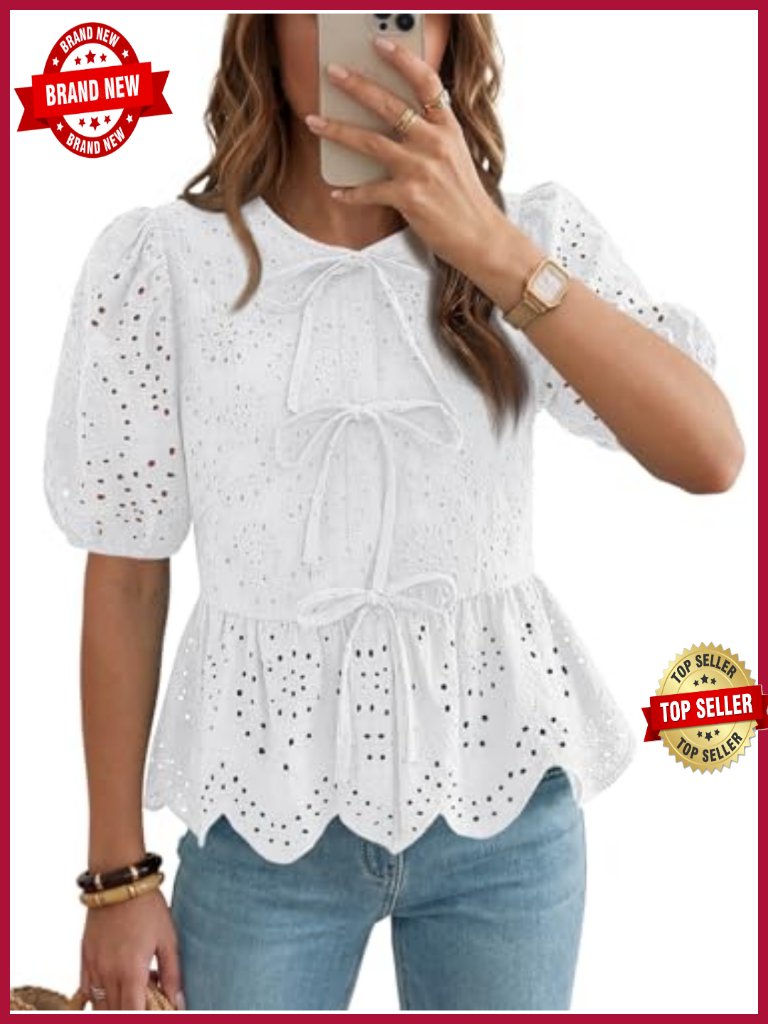 Women's Spring Eyelet Embroidered Peplum Blouse Puff Sleeve Tie Front Beach Top